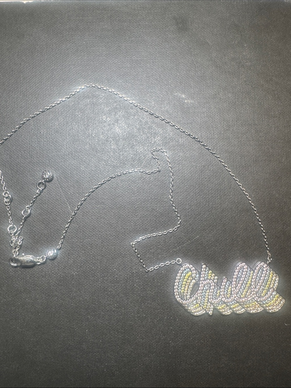 Henri Bendel Chill Script Necklace — Multicolor Crystal Pendant on Silver Chain